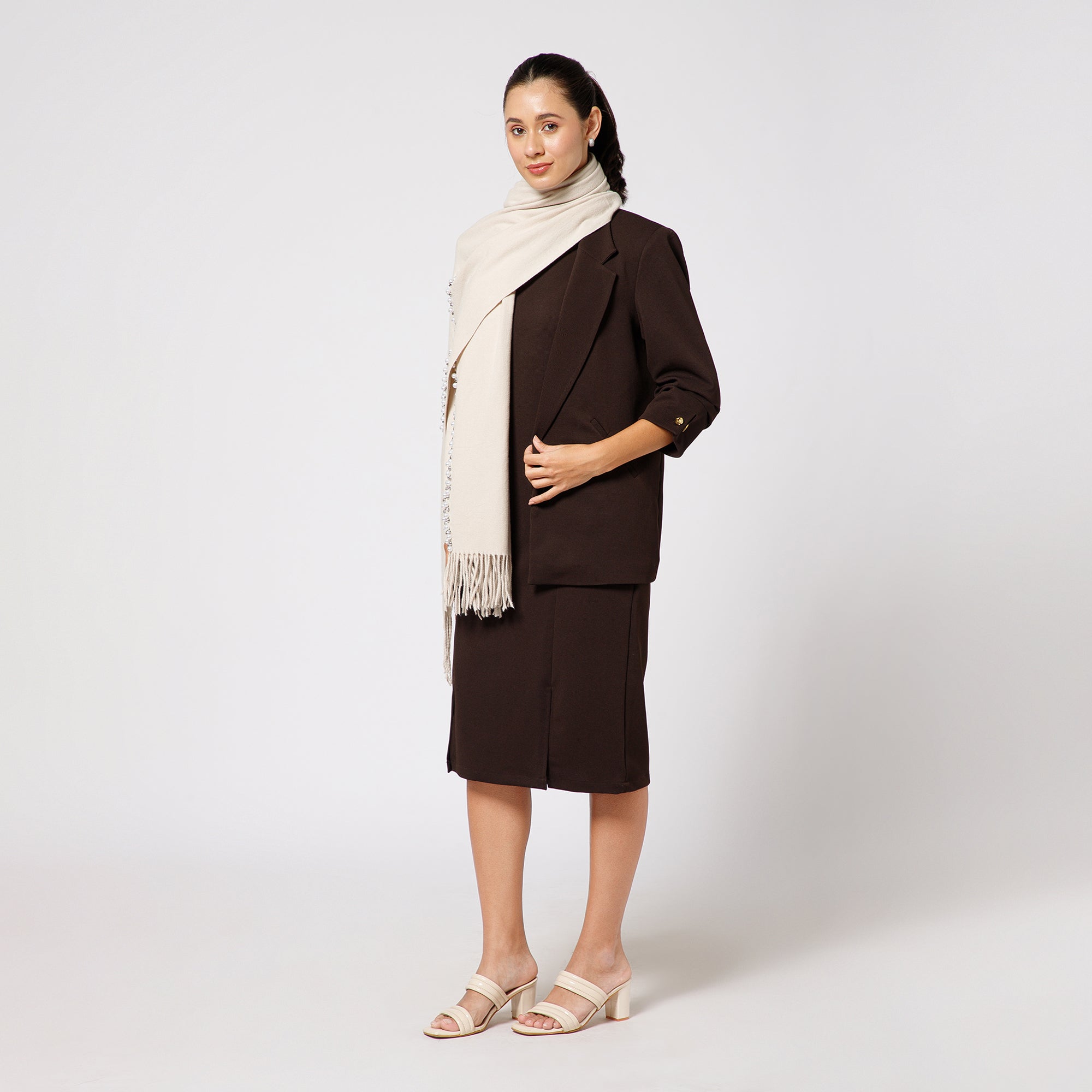 Off White Stole With Crystal And Pearls