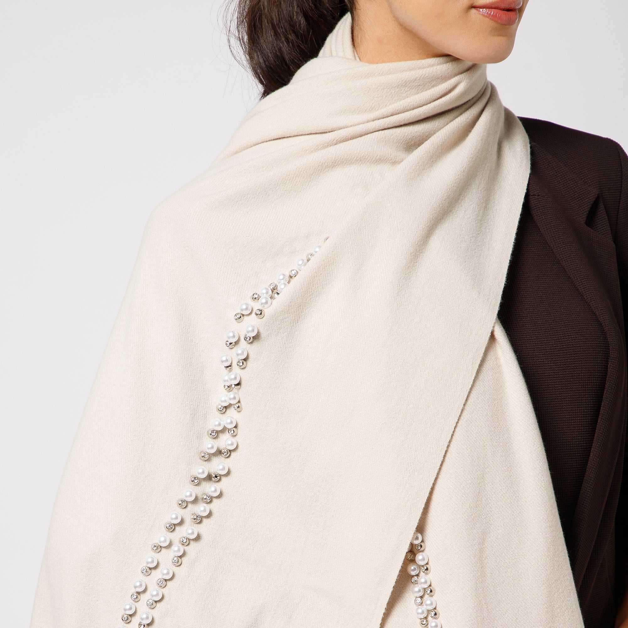Off White Stole With Crystal And Pearls
