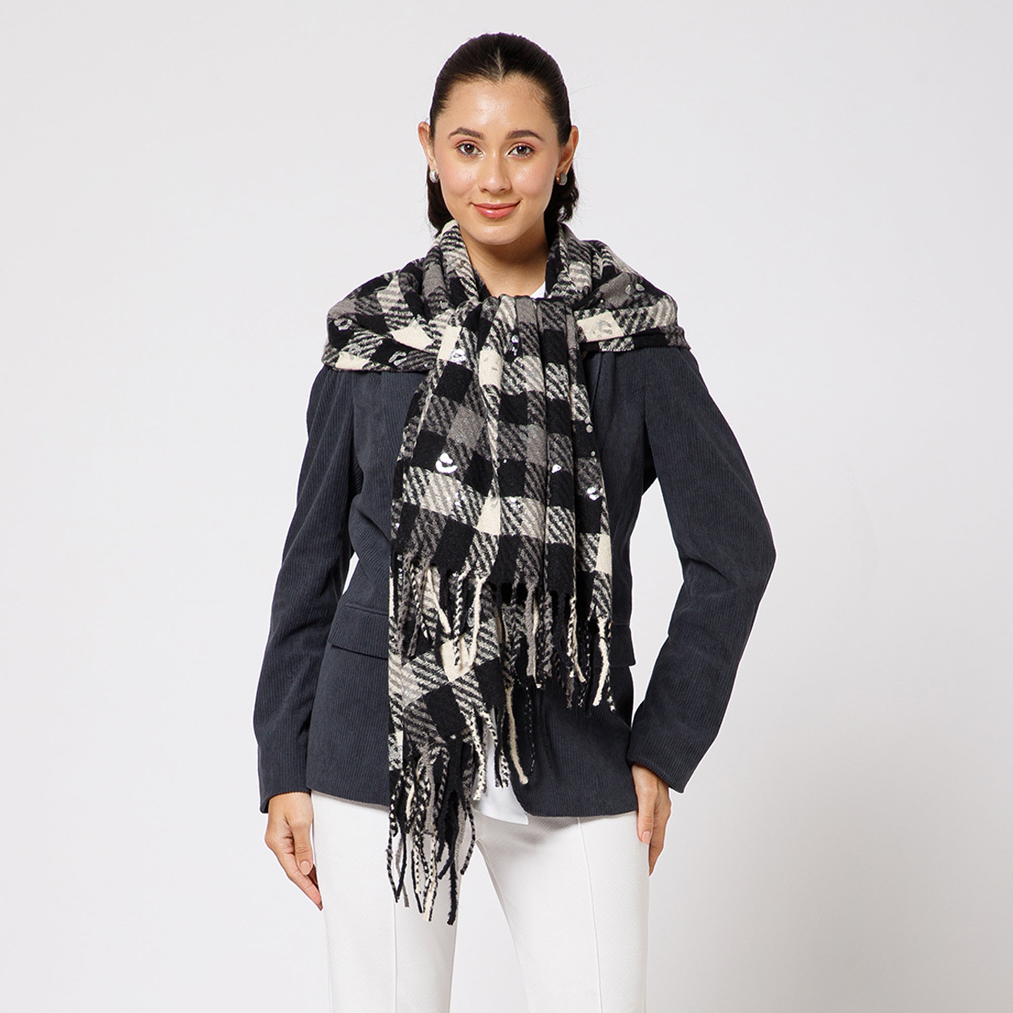 Black And White Check Stole With Foil Print