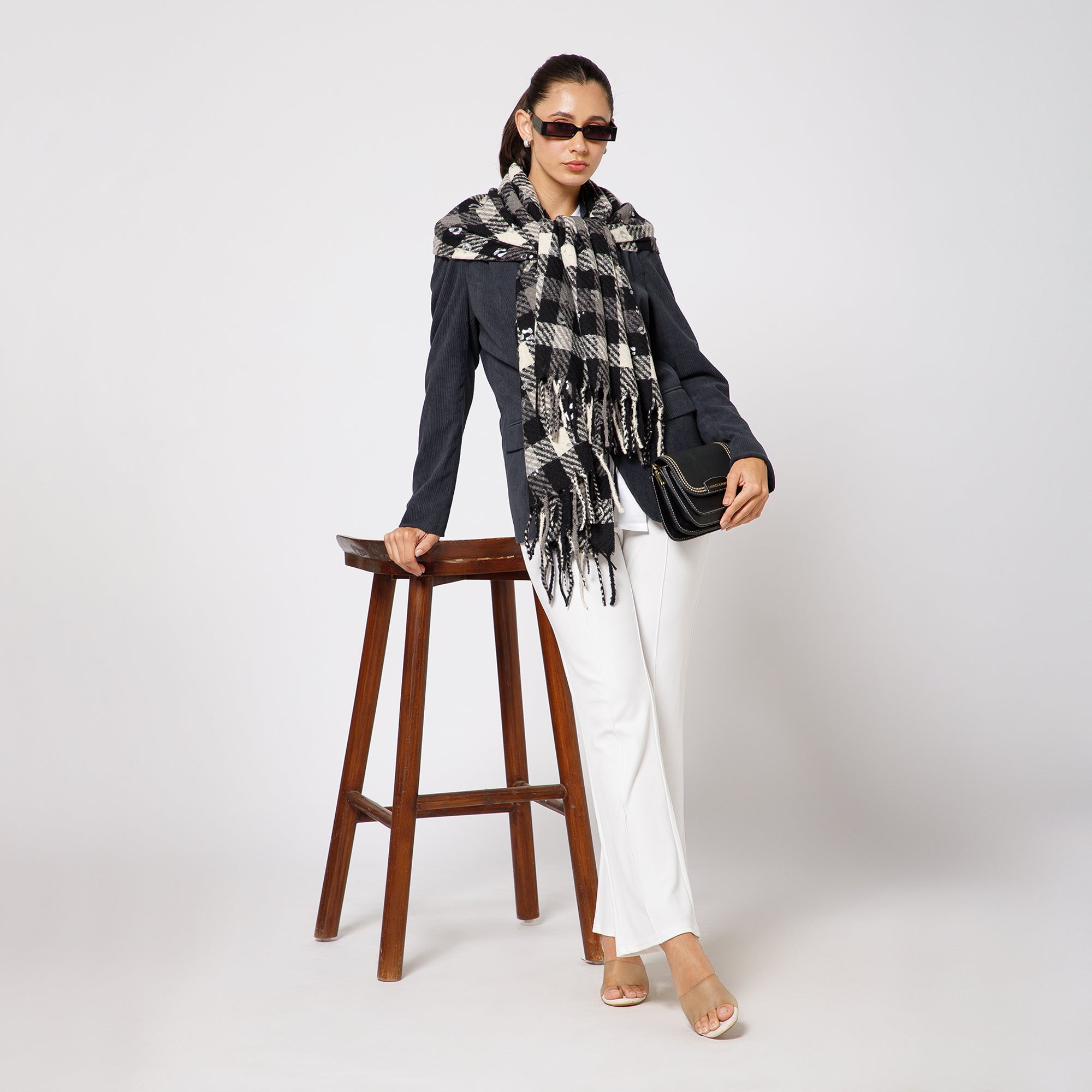 Black And White Check Stole With Foil Print