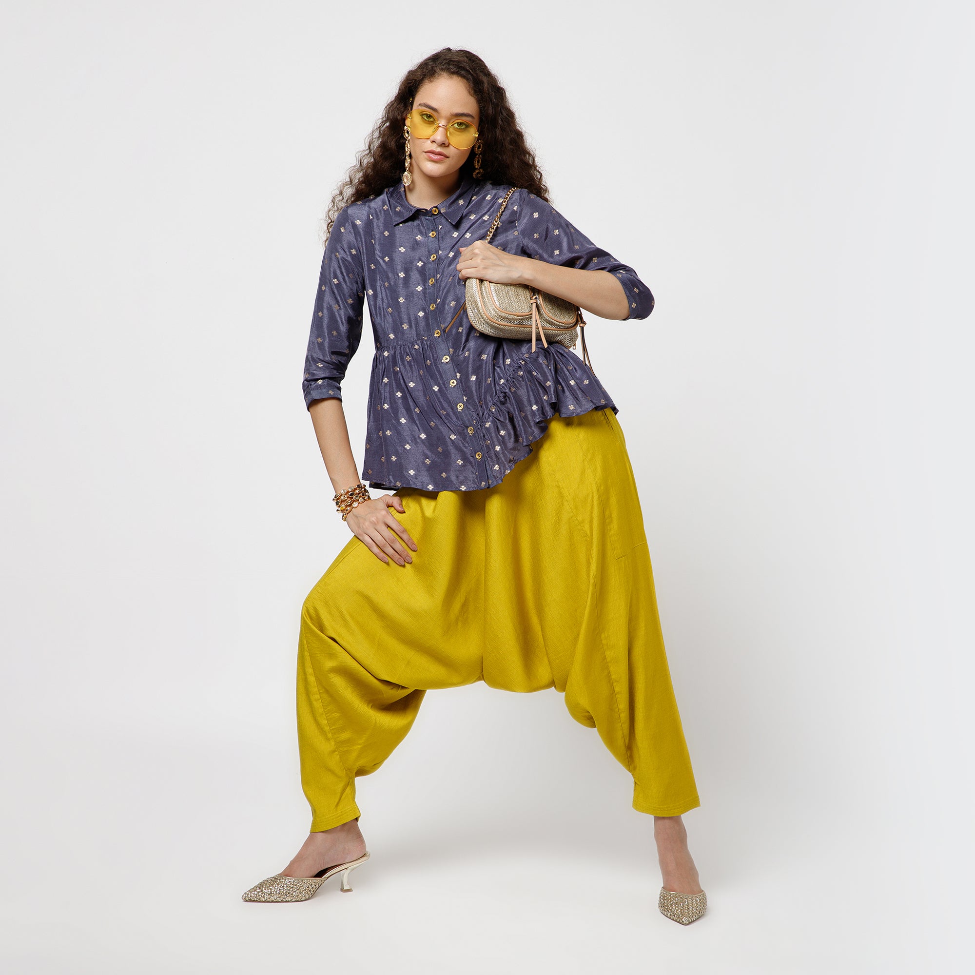 Blue Brocade Asymmetrical Peplum Top