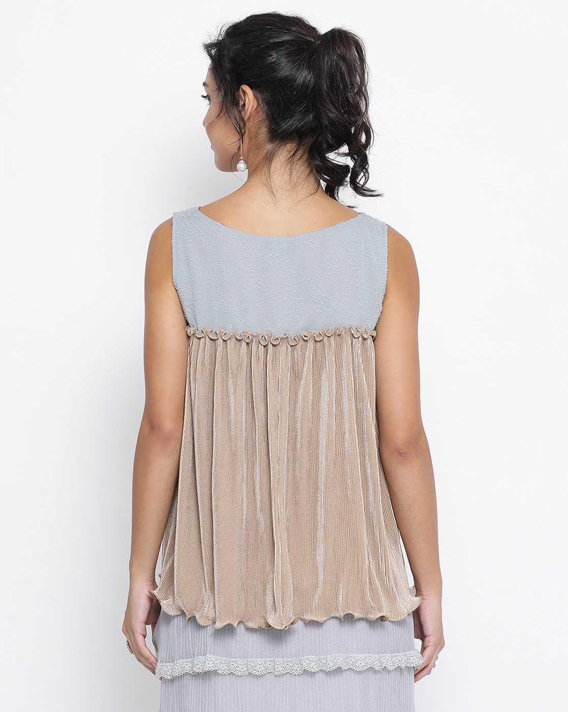 Beige Texture Sleeveless Top With Georgette