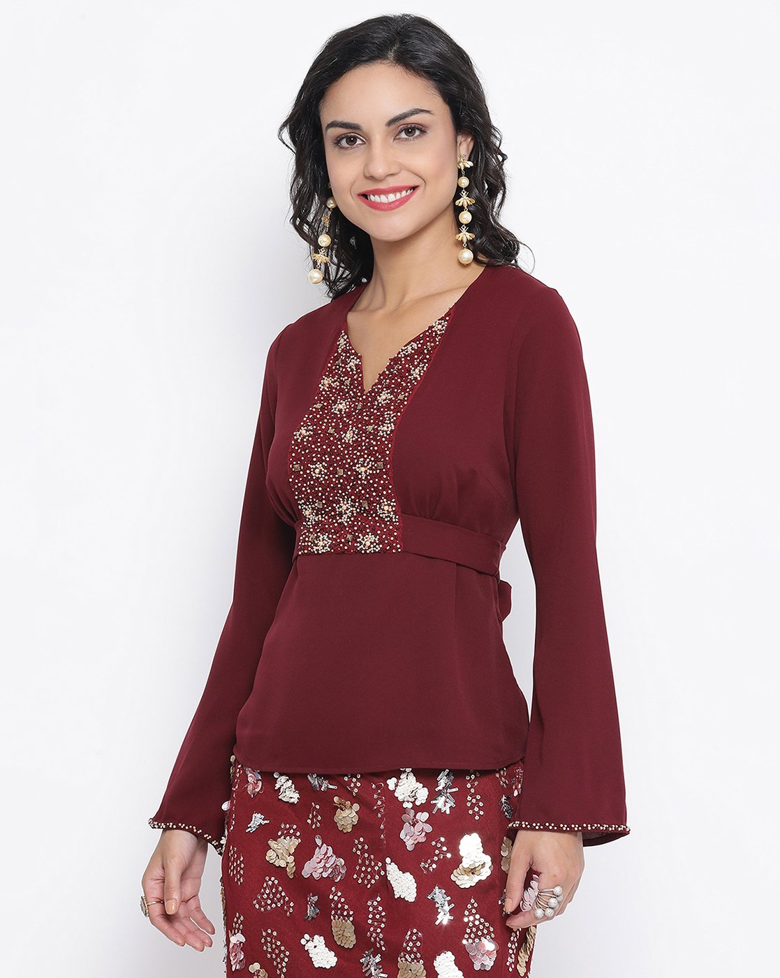 Maroon Top With Emb At Yoke With Back Tie Knot