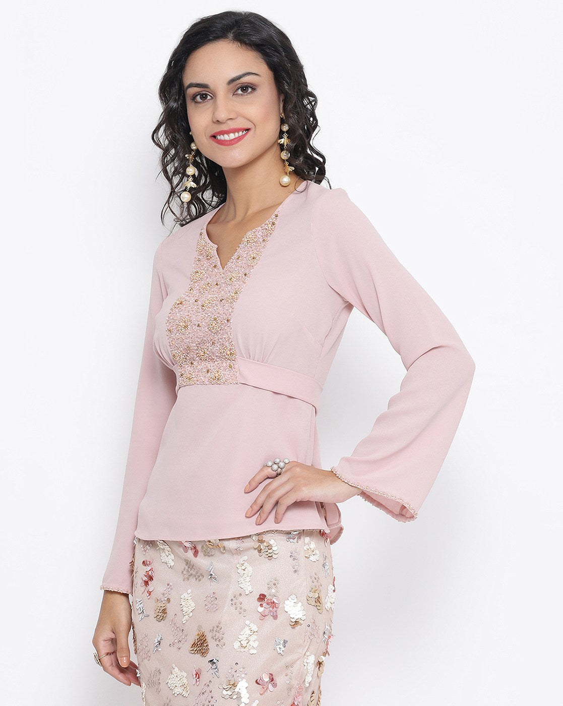 Pink Georgette Top With Emb. At Yoke With Back Tie Knot