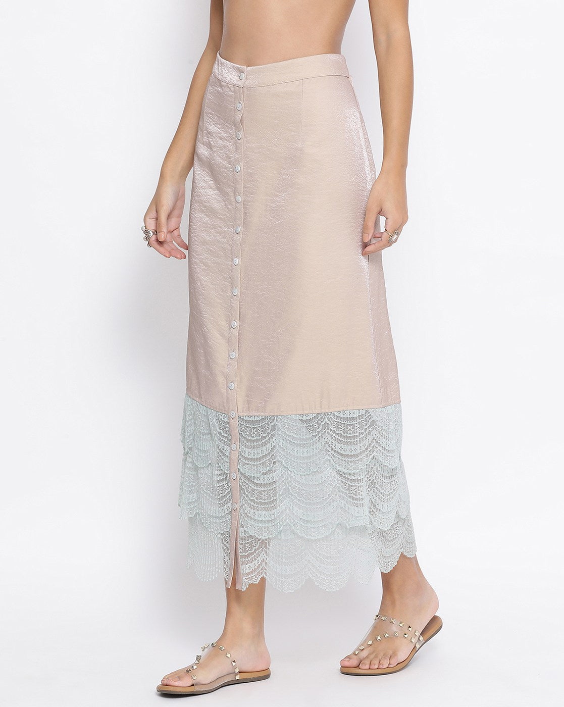 Beige Skirt With Scallop Lace At Hem