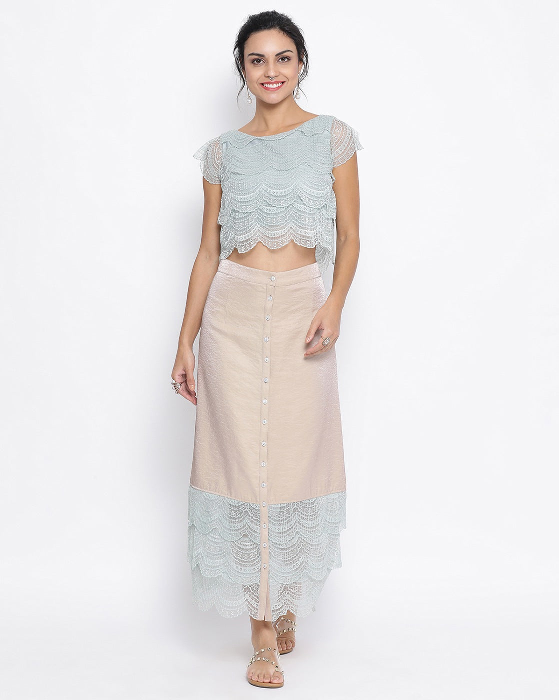 Beige Skirt With Scallop Lace At Hem