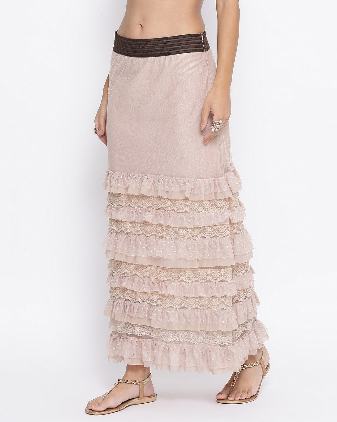 Beige Net Skirt With Brown Elastic And Frills