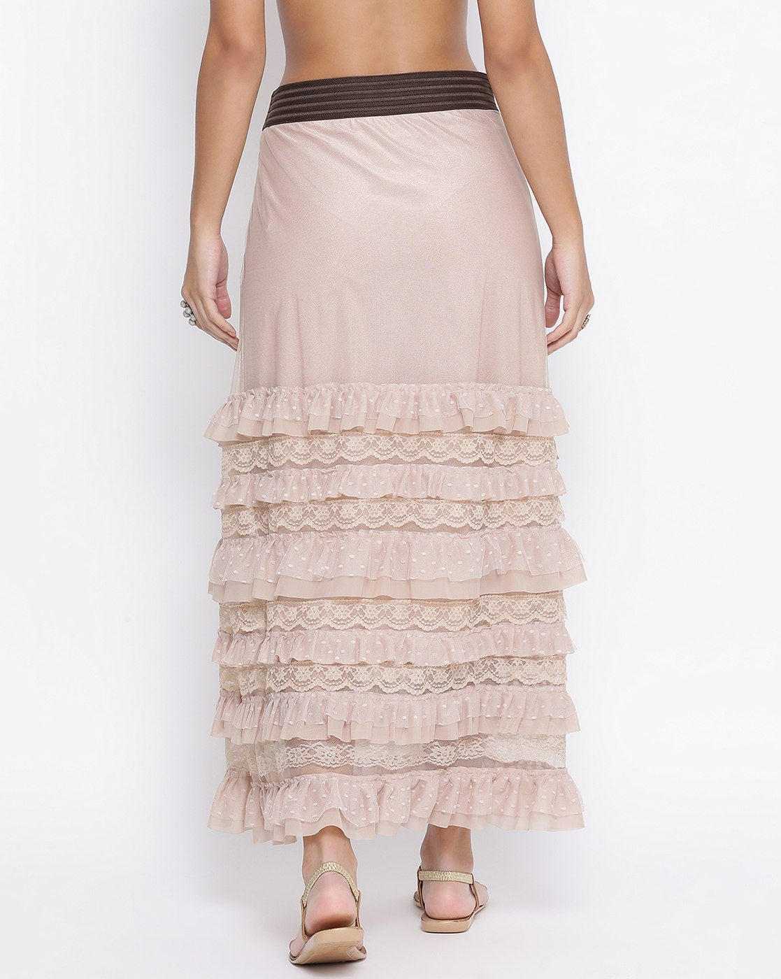 Beige Net Skirt With Brown Elastic And Frills