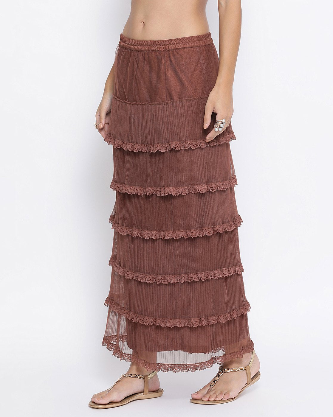 Brown Net Frill Skirt With Lace