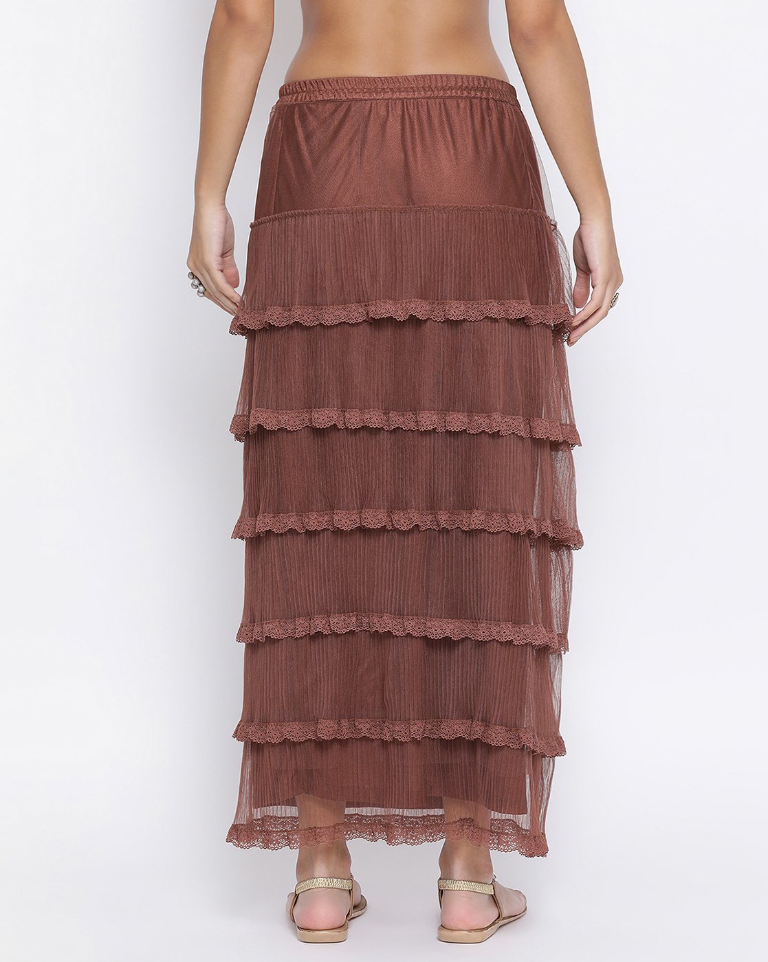 Brown Net Frill Skirt With Lace