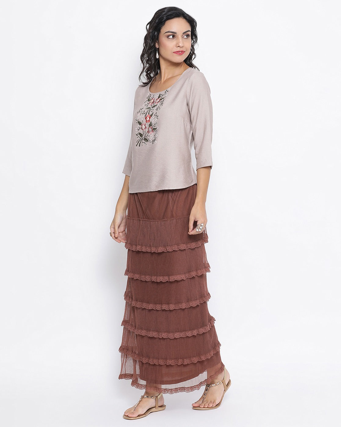 Brown Net Frill Skirt With Lace