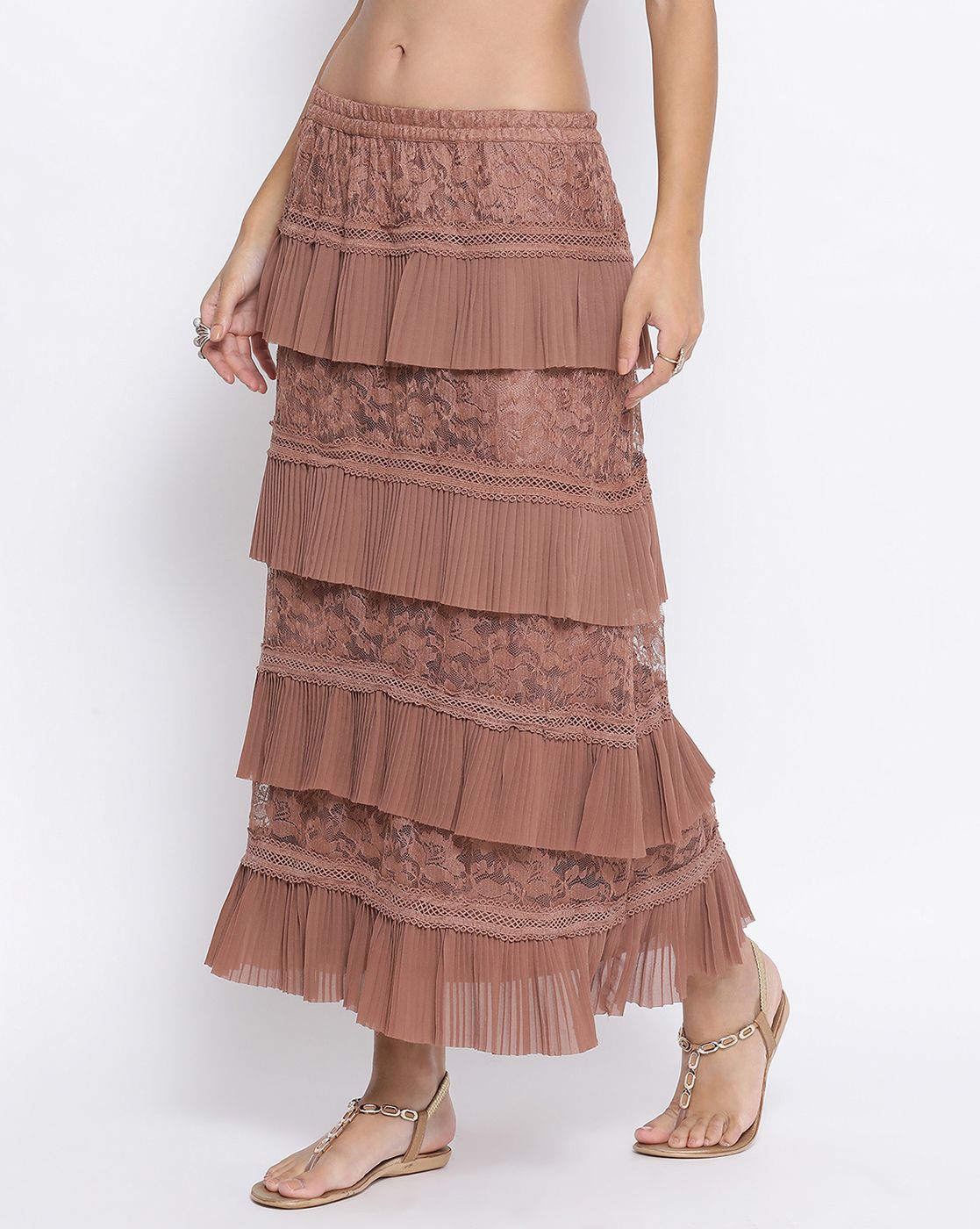 Rust Flower Net Frill Skirt With Lace