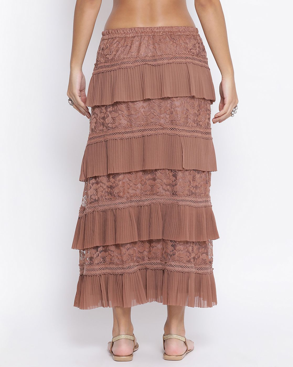 Rust Flower Net Frill Skirt With Lace