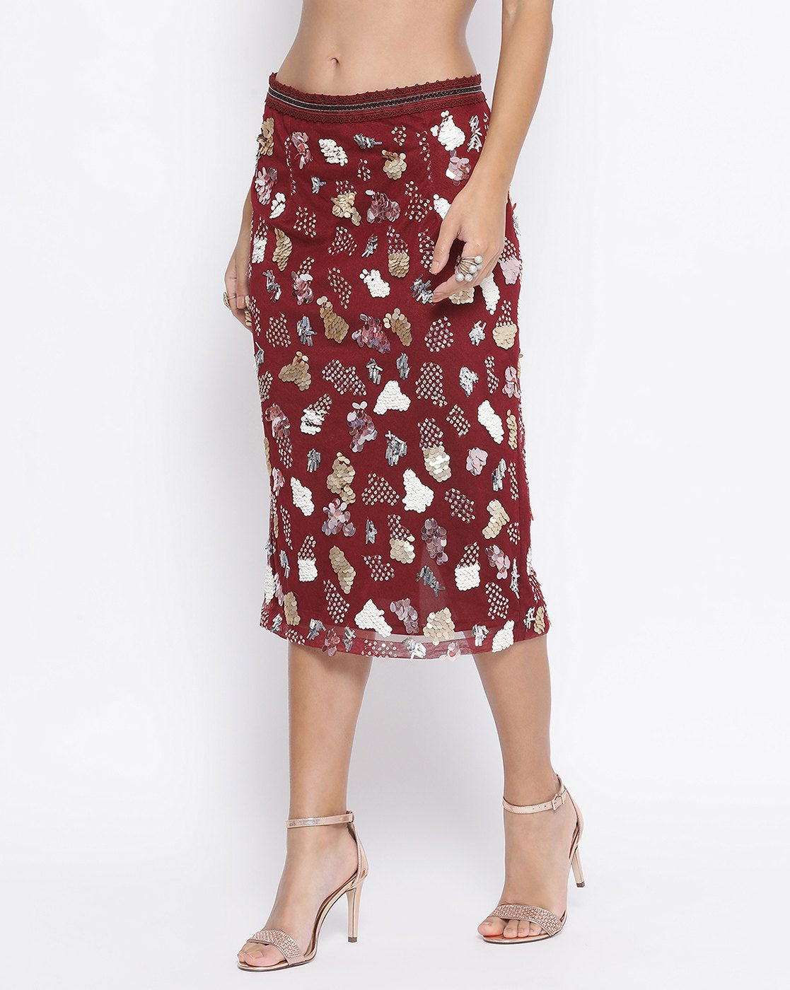 Maroon Net Skirt With Multicoloured Embroidery