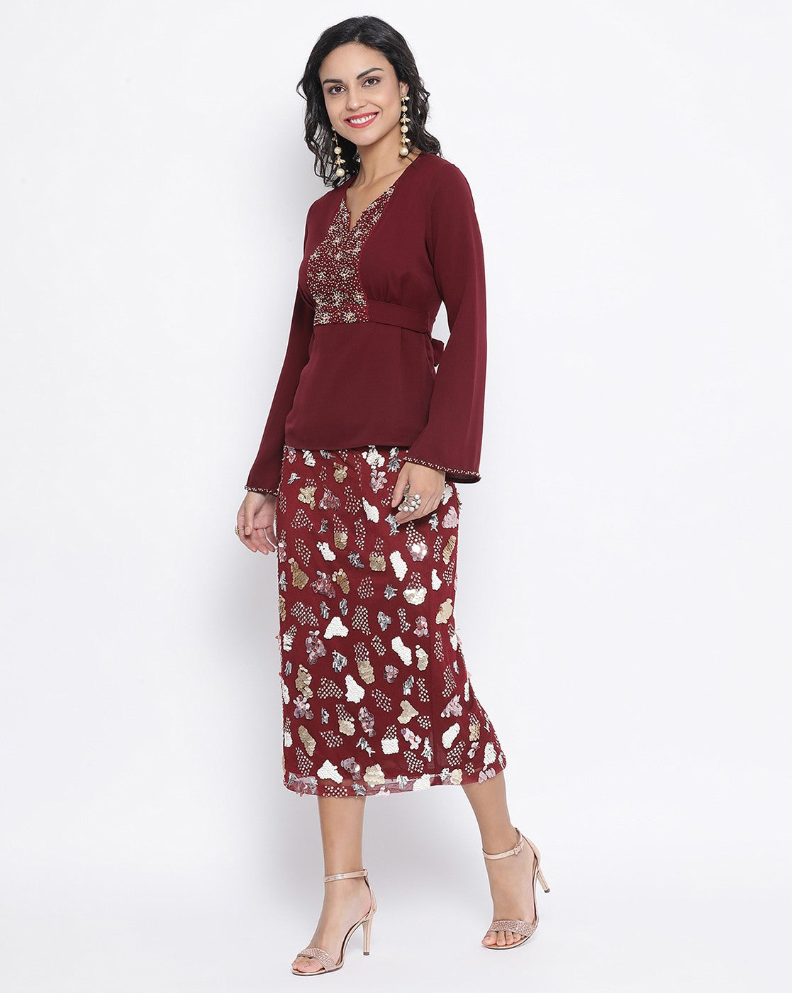 Maroon Net Skirt With Multicoloured Embroidery