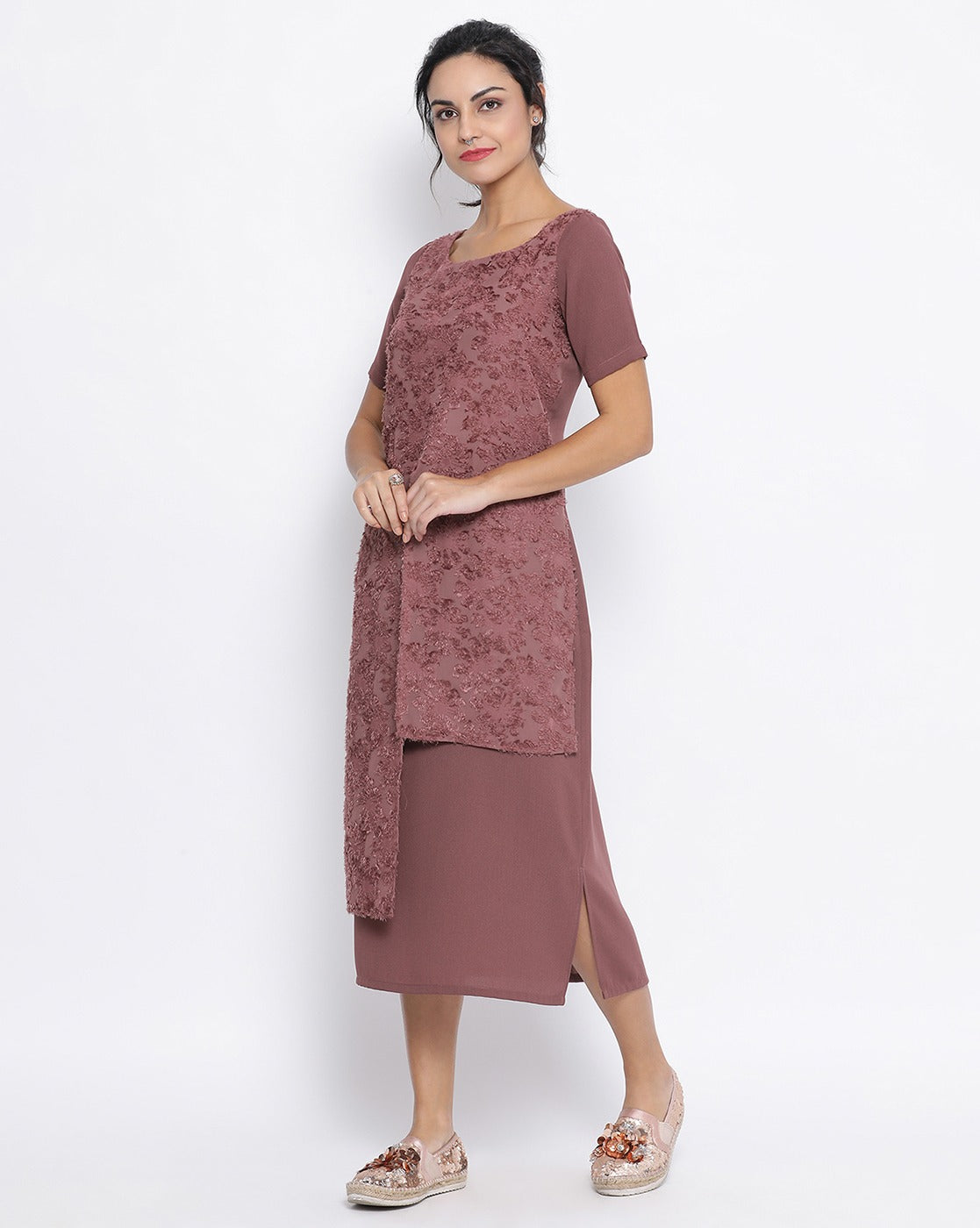 Rose Wood Double Layer Textured Long Dress