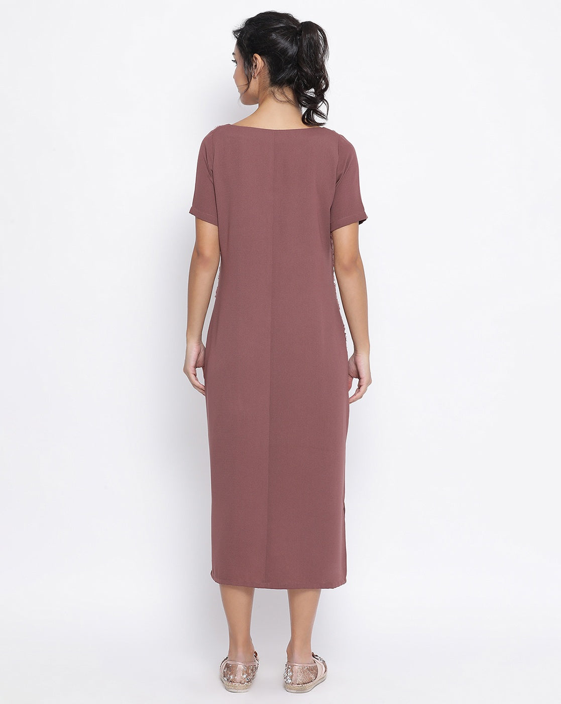 Rose Wood Double Layer Textured Long Dress