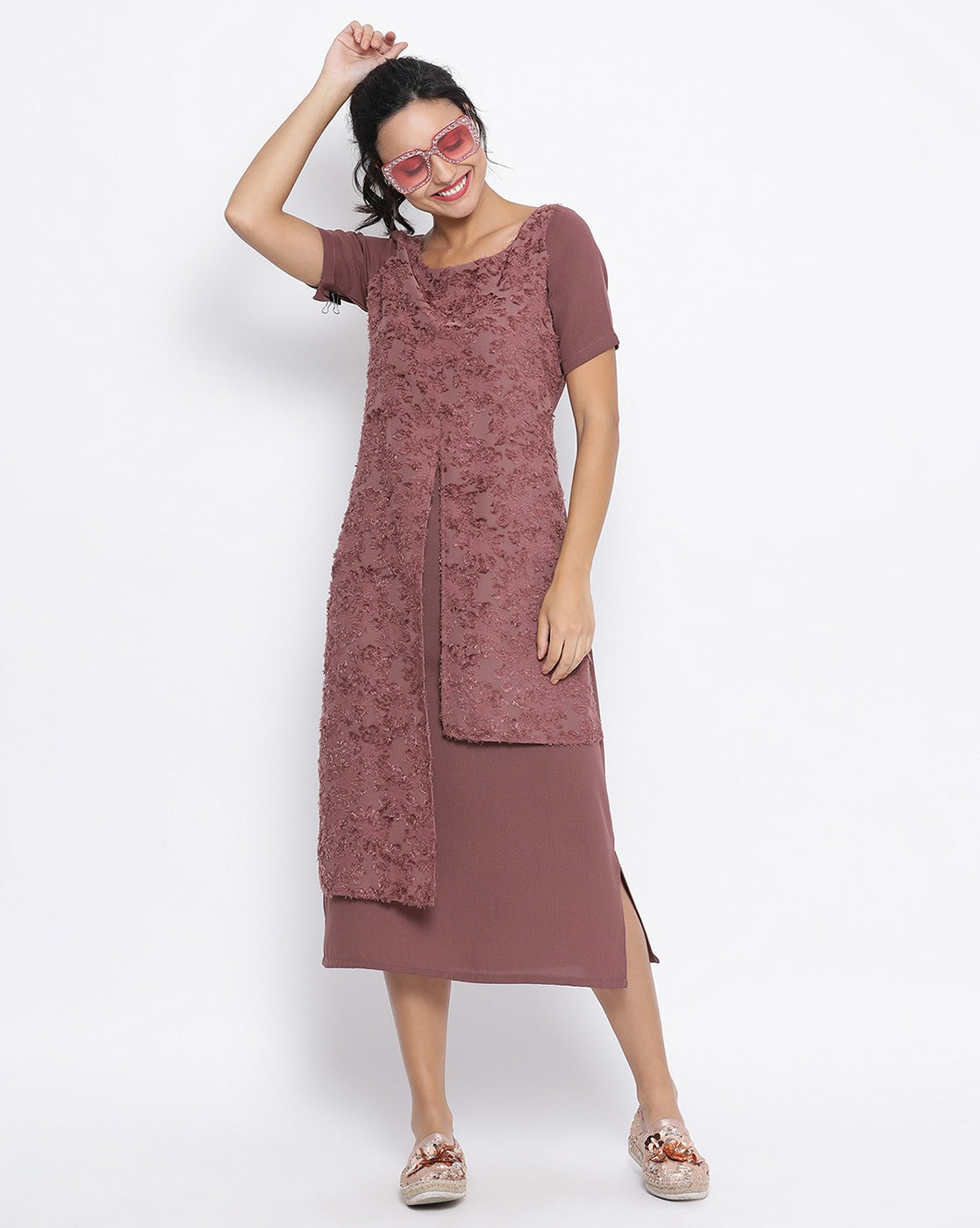 Rose Wood Double Layer Textured Long Dress