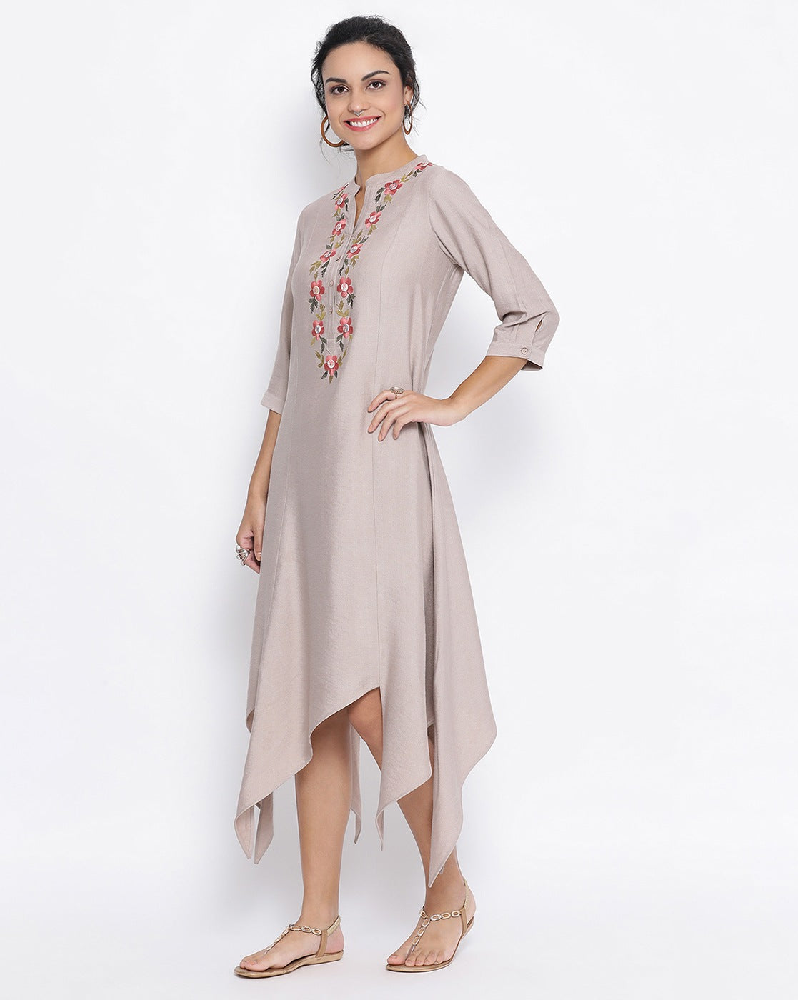 Beige Triangle Dress With Button Embroidery