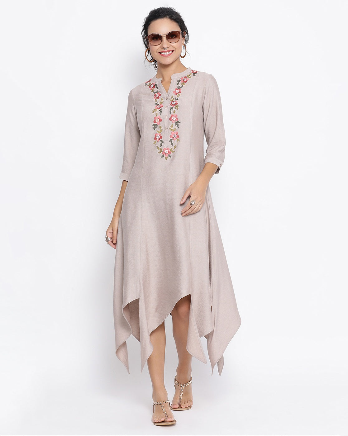 Beige Triangle Dress With Button Embroidery