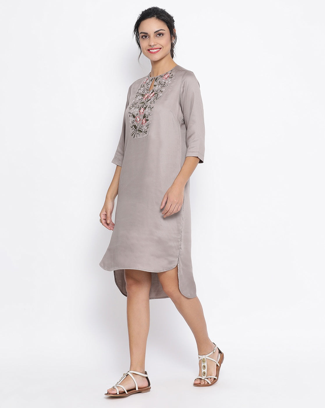 Grey Long Tunic With Button Embroidery At Yoke