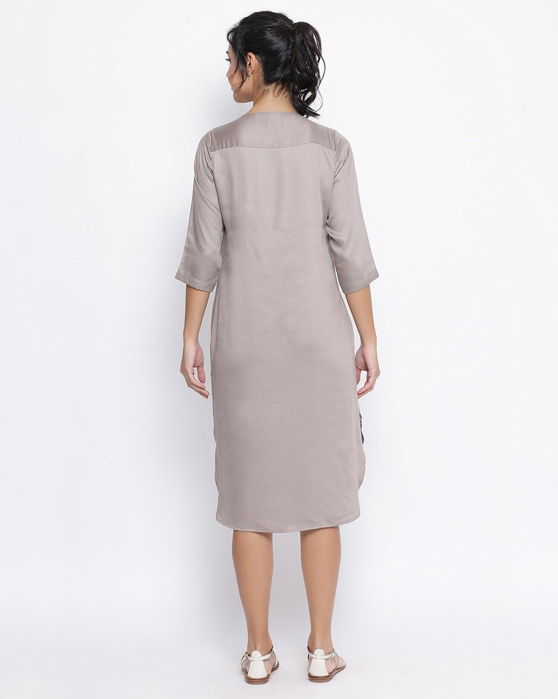 Grey Long Tunic With Button Embroidery At Yoke