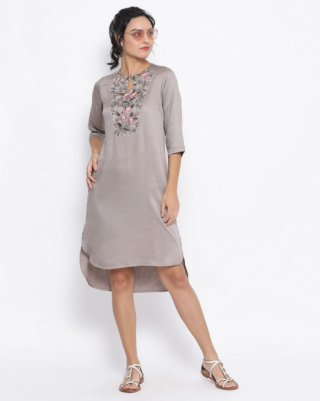 Grey Long Tunic With Button Embroidery At Yoke