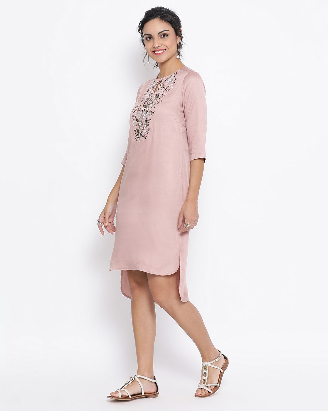 Pink Long Tunic With Button Embroidery At Yoke