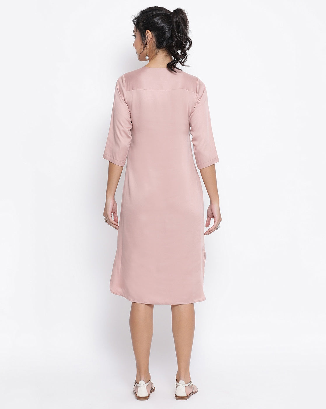 Pink Long Tunic With Button Embroidery At Yoke