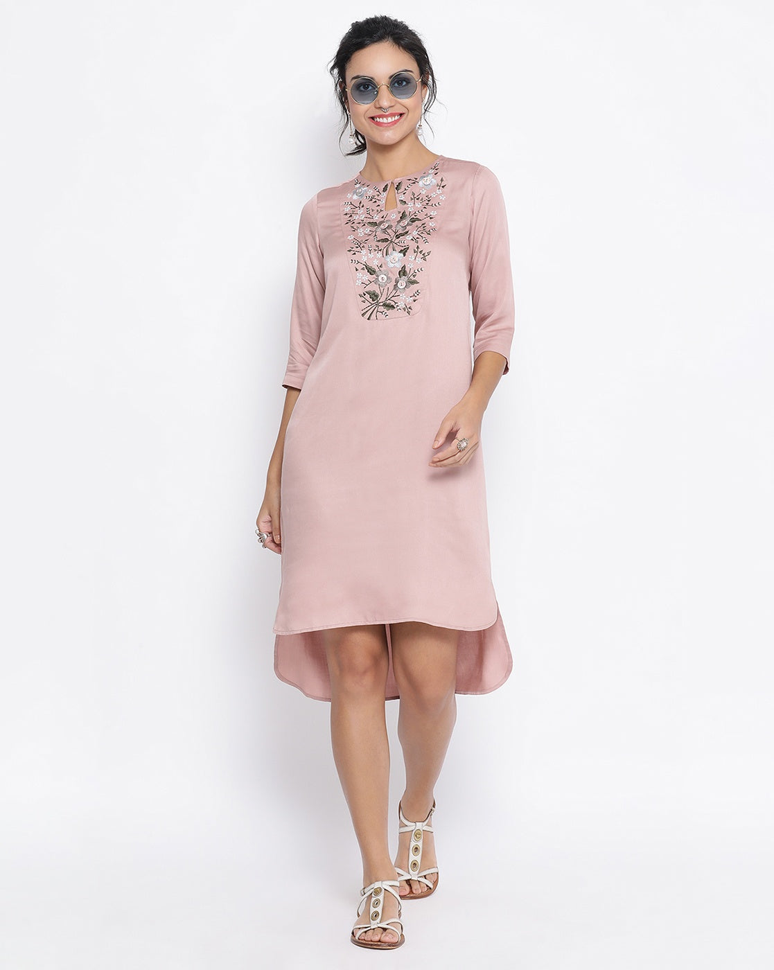 Pink Long Tunic With Button Embroidery At Yoke