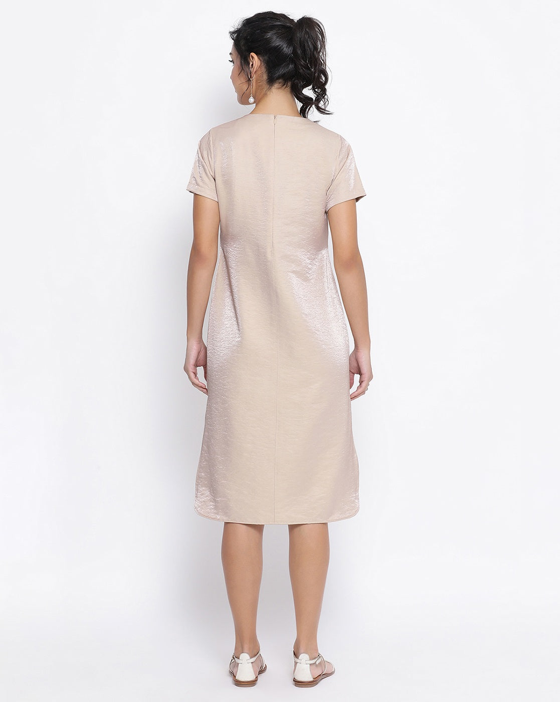 Beige Long Dress With Sequence Pocket