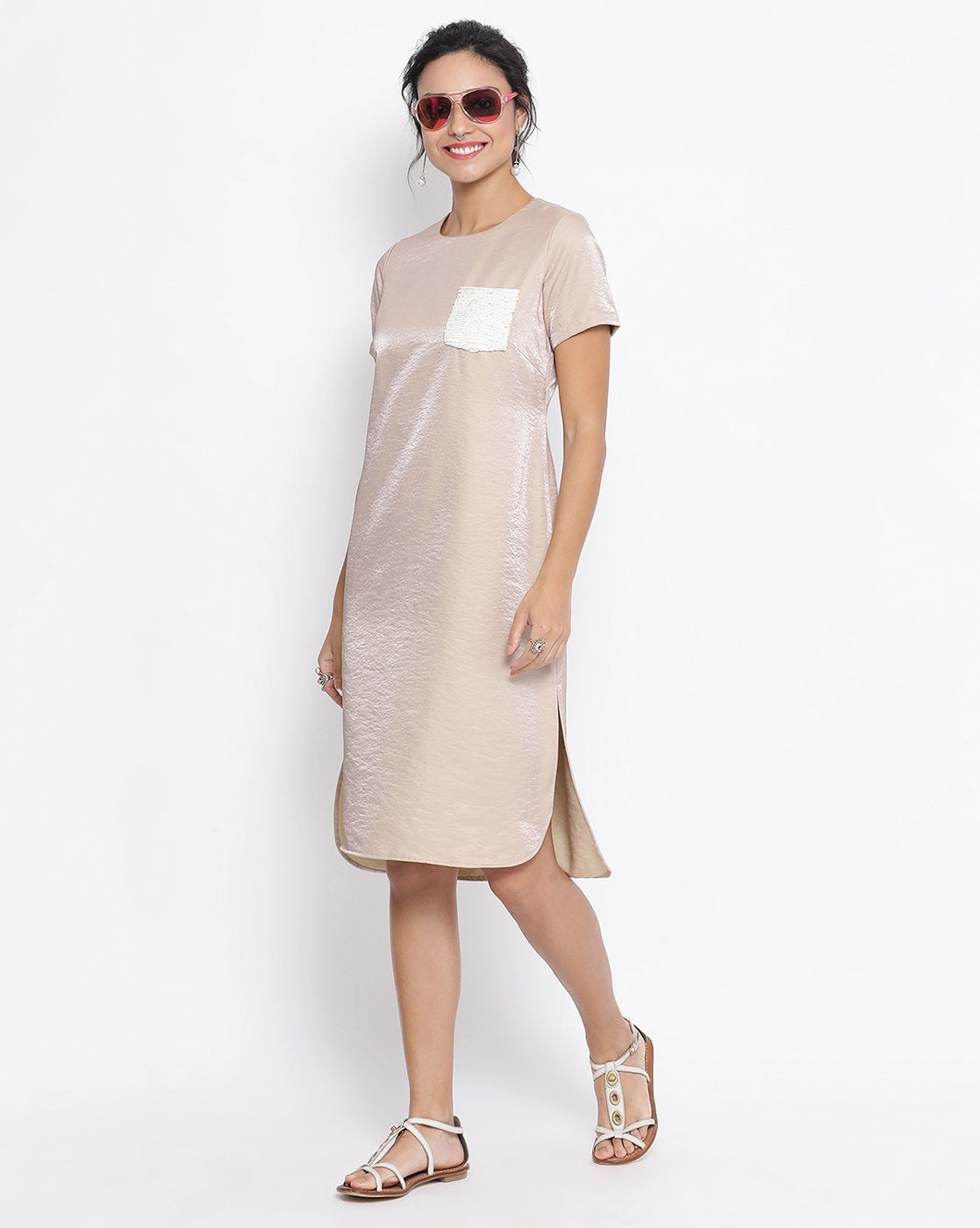 Beige Long Dress With Sequence Pocket