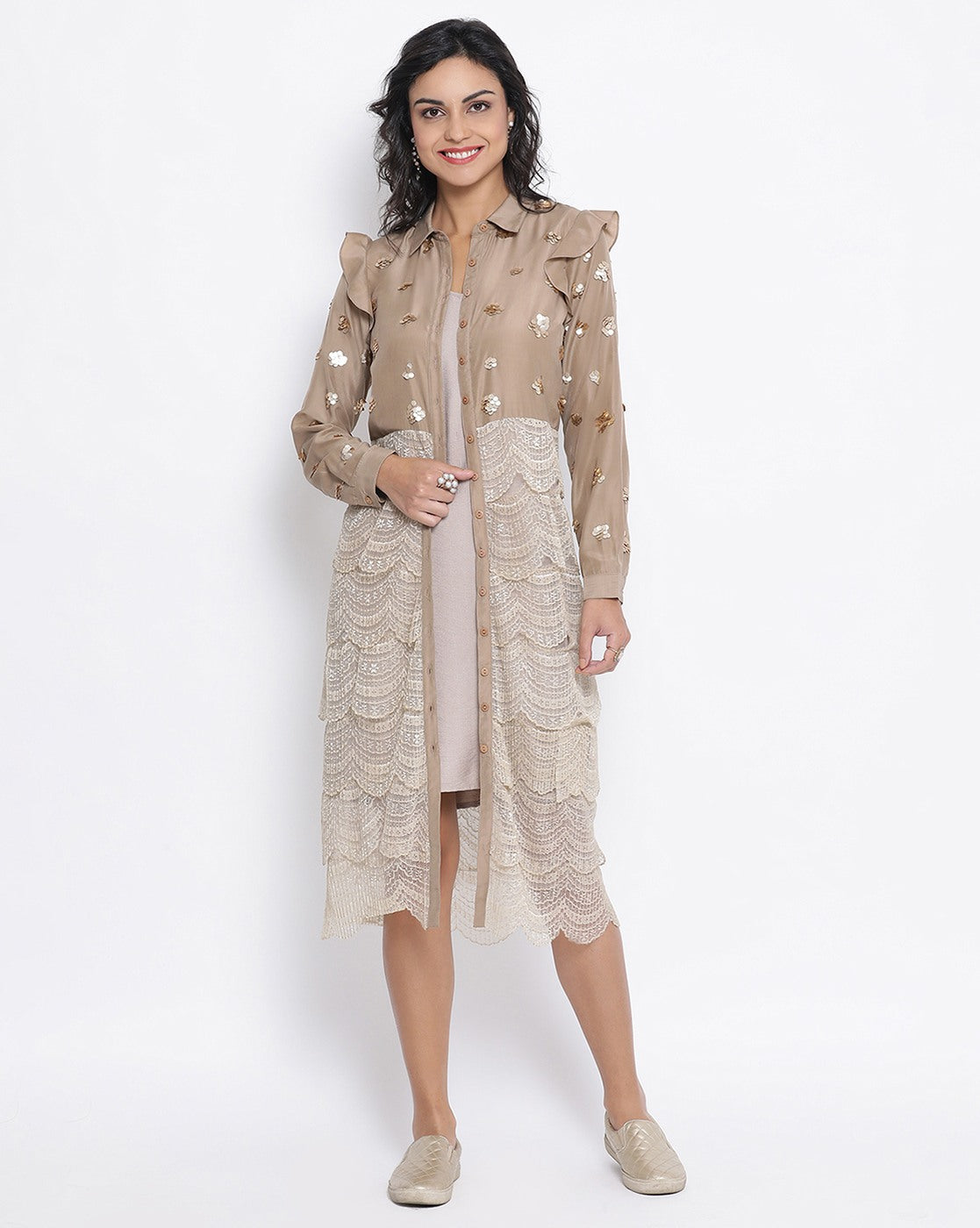 Beige Lace Tunic With Gold Sequence Embroidery