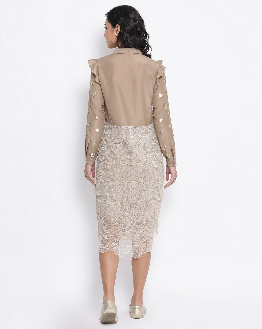 Beige Lace Tunic With Gold Sequence Embroidery