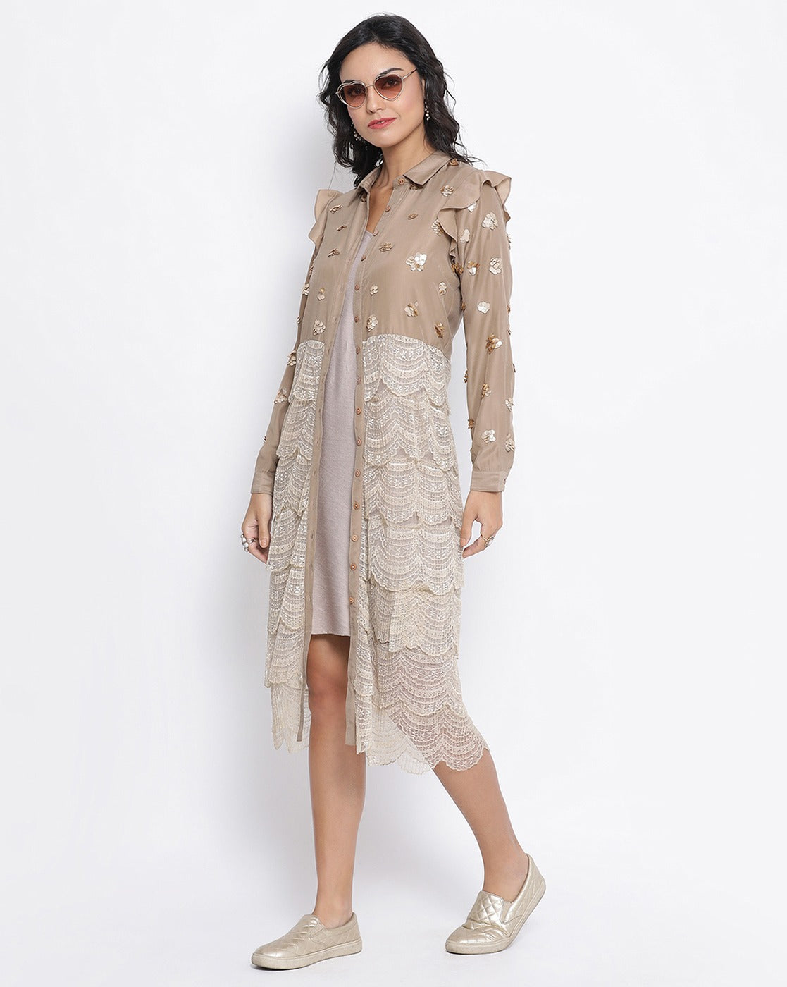 Beige Lace Tunic With Gold Sequence Embroidery