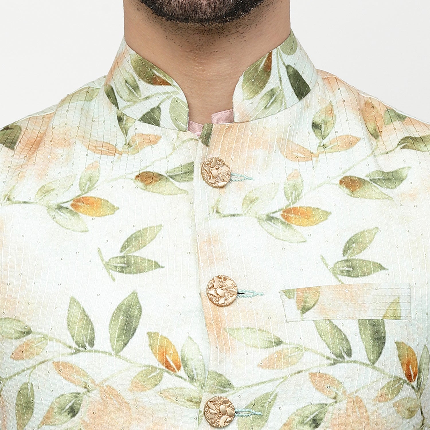 Leaf Print Cotton Embroidered Jacket for Men-3
