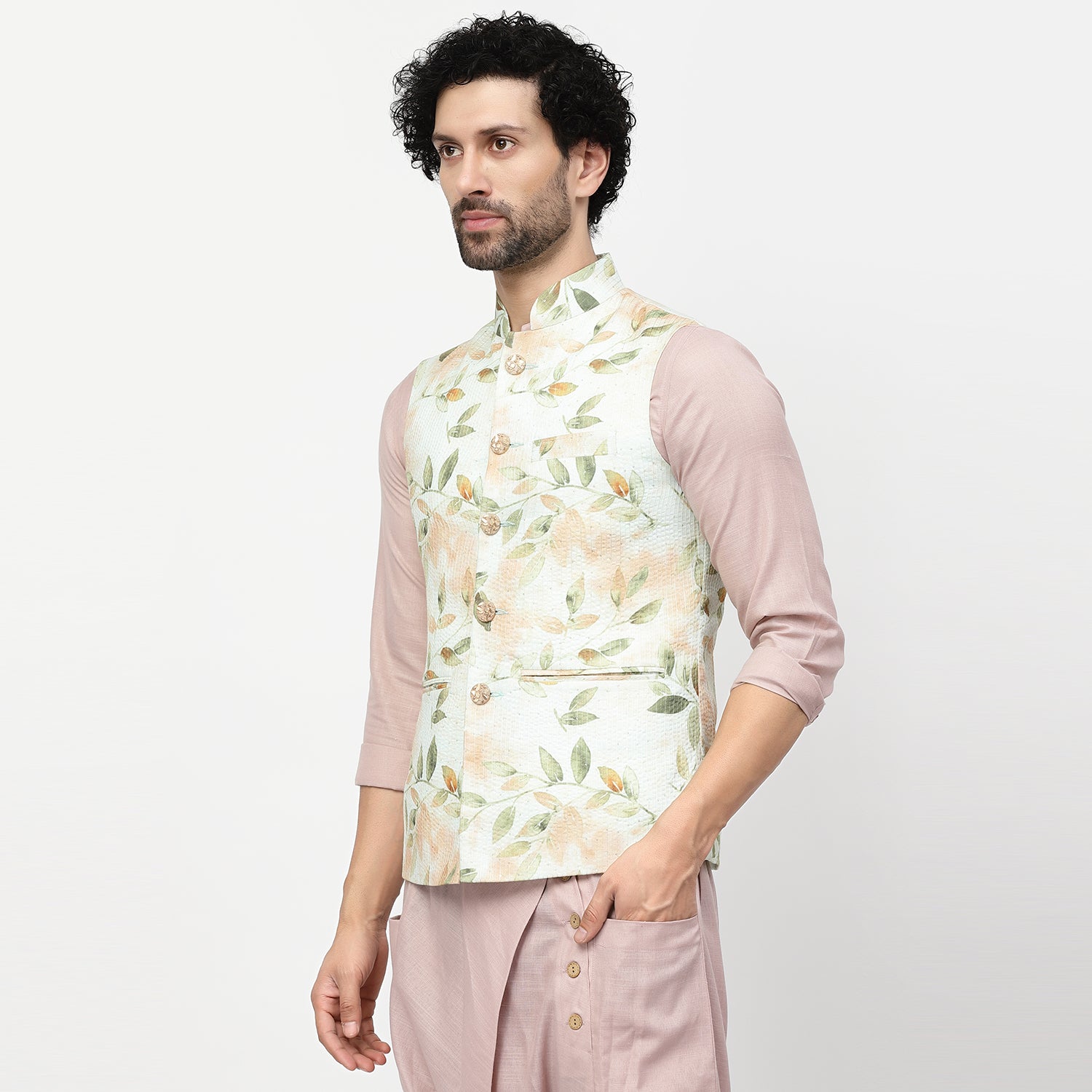Leaf Print Cotton Embroidered Jacket for Men-1