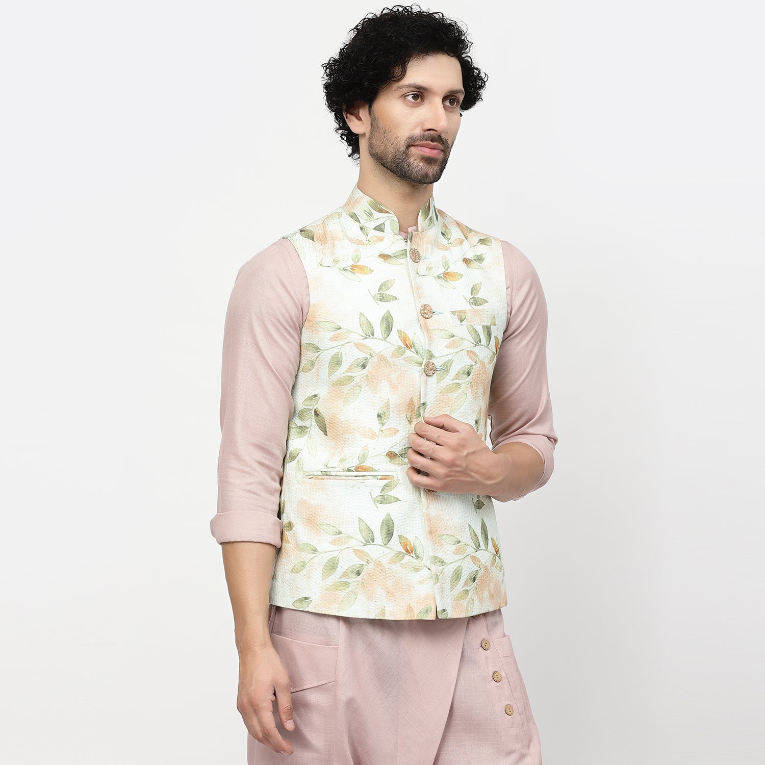 Leaf Print Cotton Embroidered Jacket for Men-2