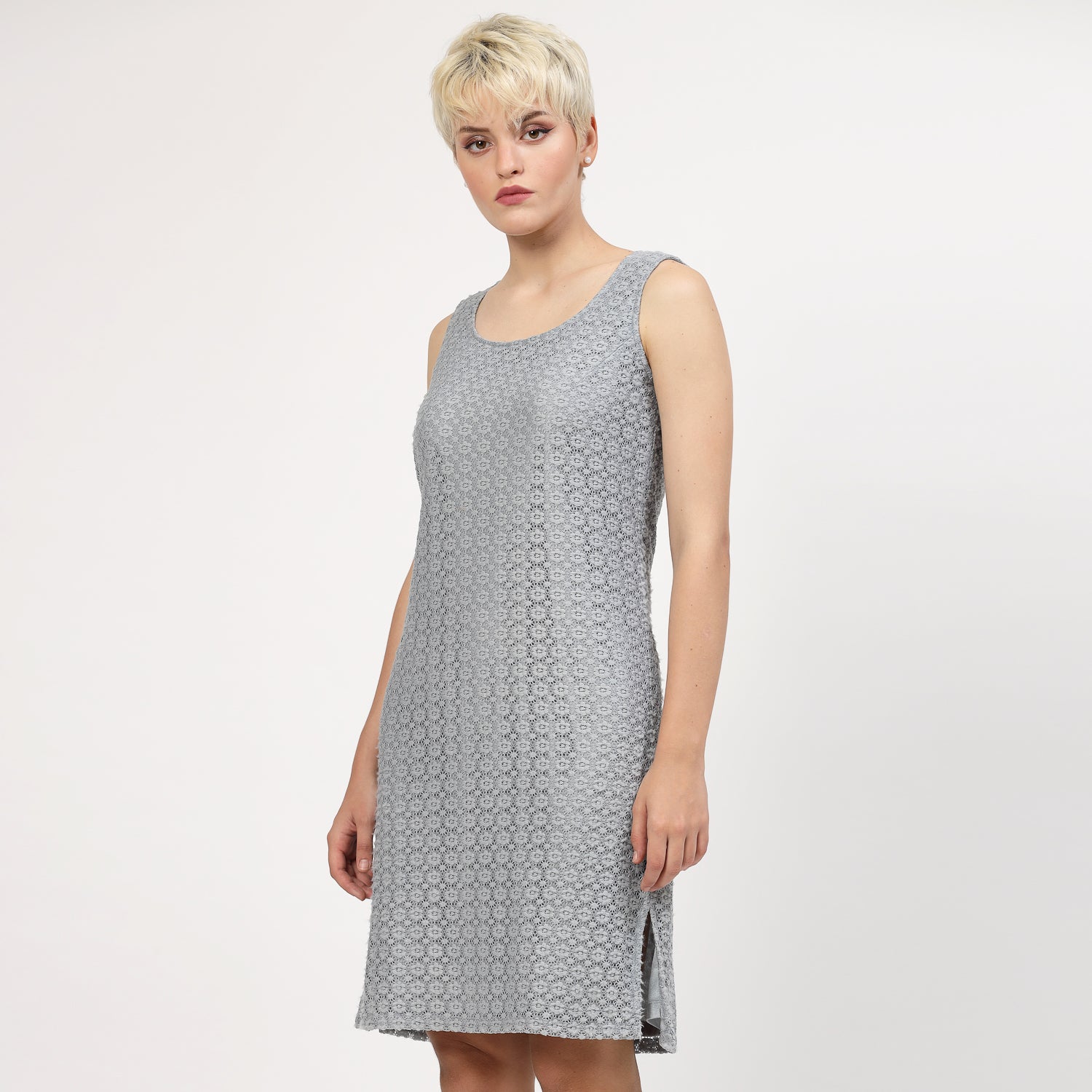 Light Blue Flower Net Without Sleeves Dress, Mesh Dress , Party dress , Holographic print dress , sequins dress 