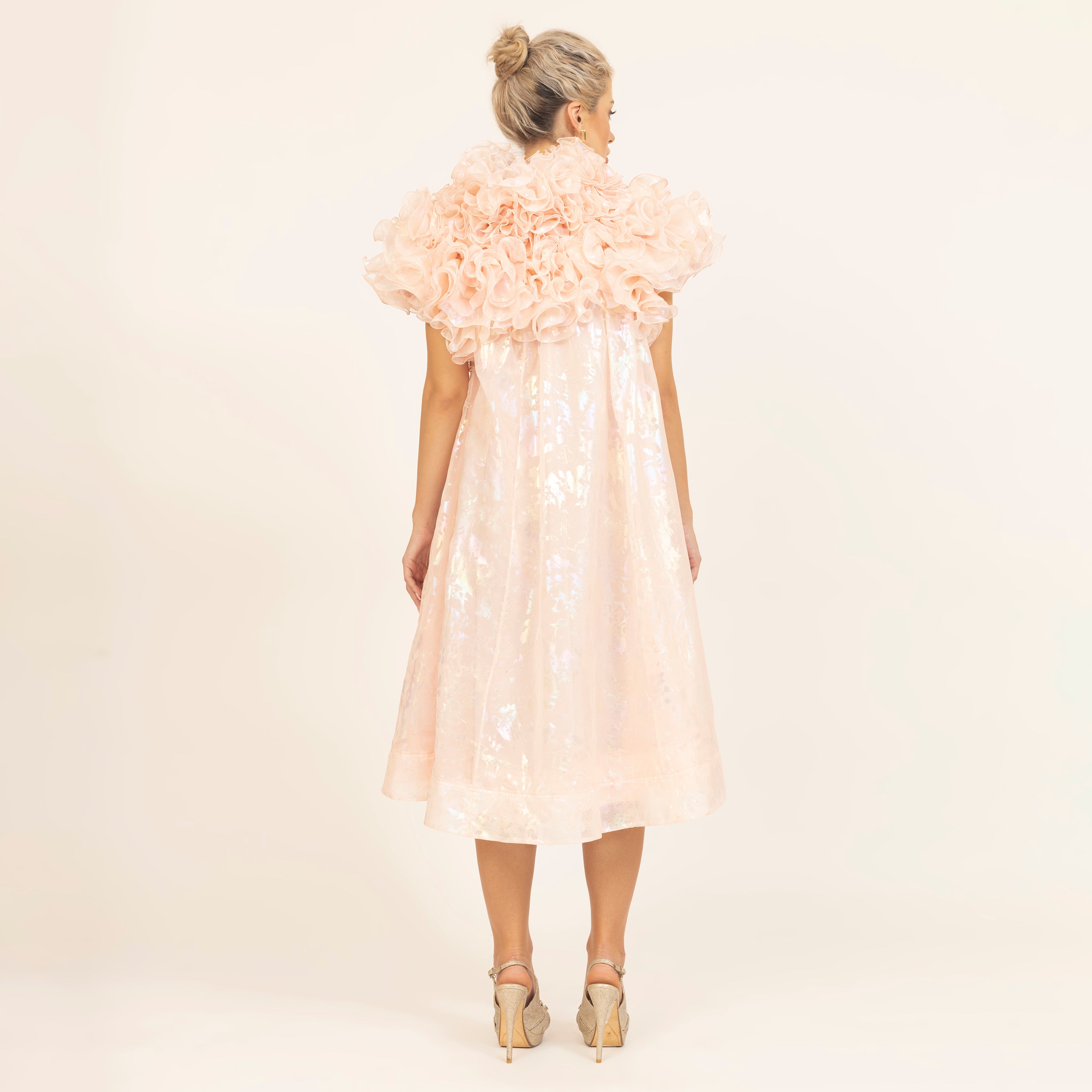 Light Pink Holographic Print Organza Frill Dress, neck design, women dress, color, dress, flower, partywear dress, one piece dress
