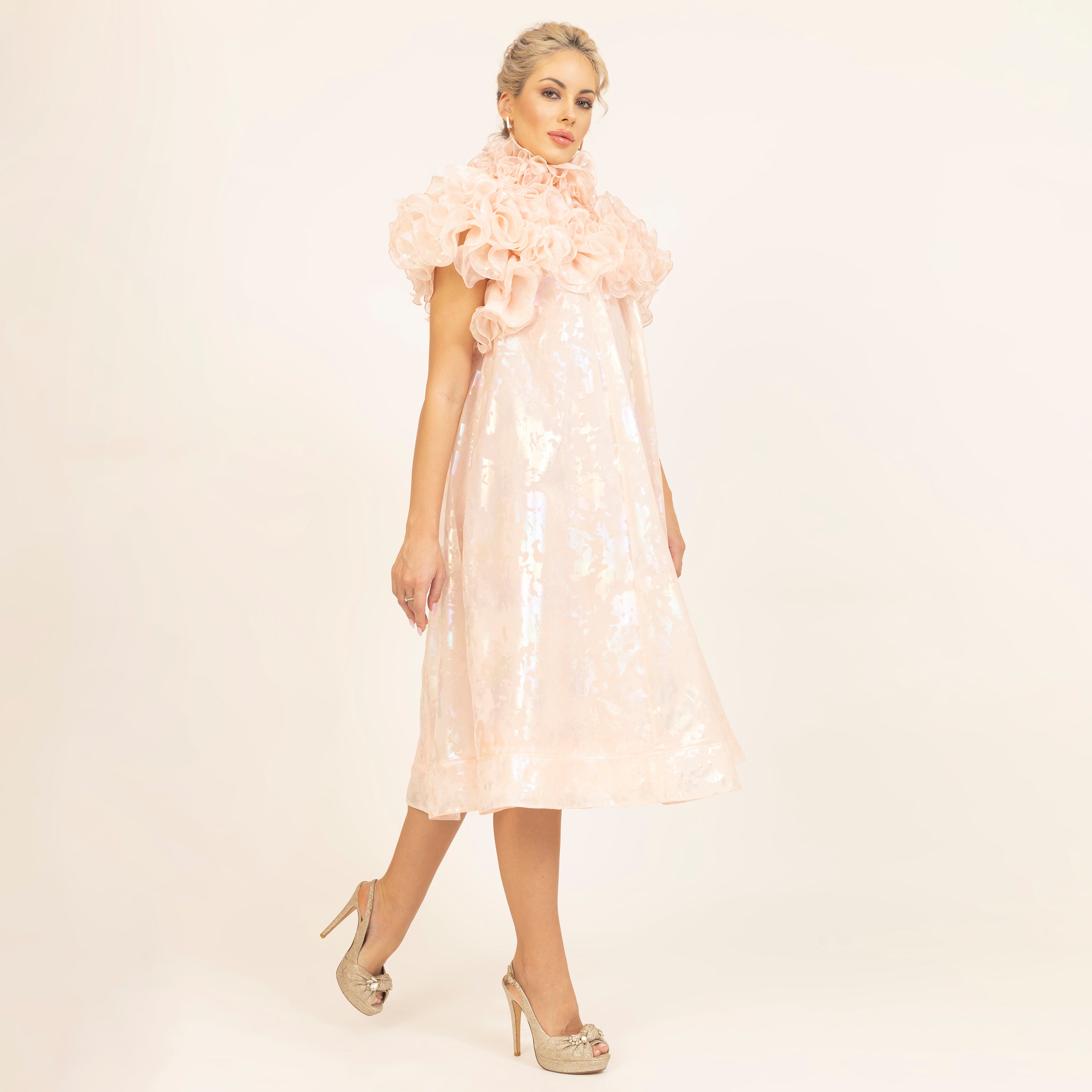 Light Pink Holographic Print Organza Frill Dress, neck design, women dress, color, dress, flower, partywear dress, one piece dress