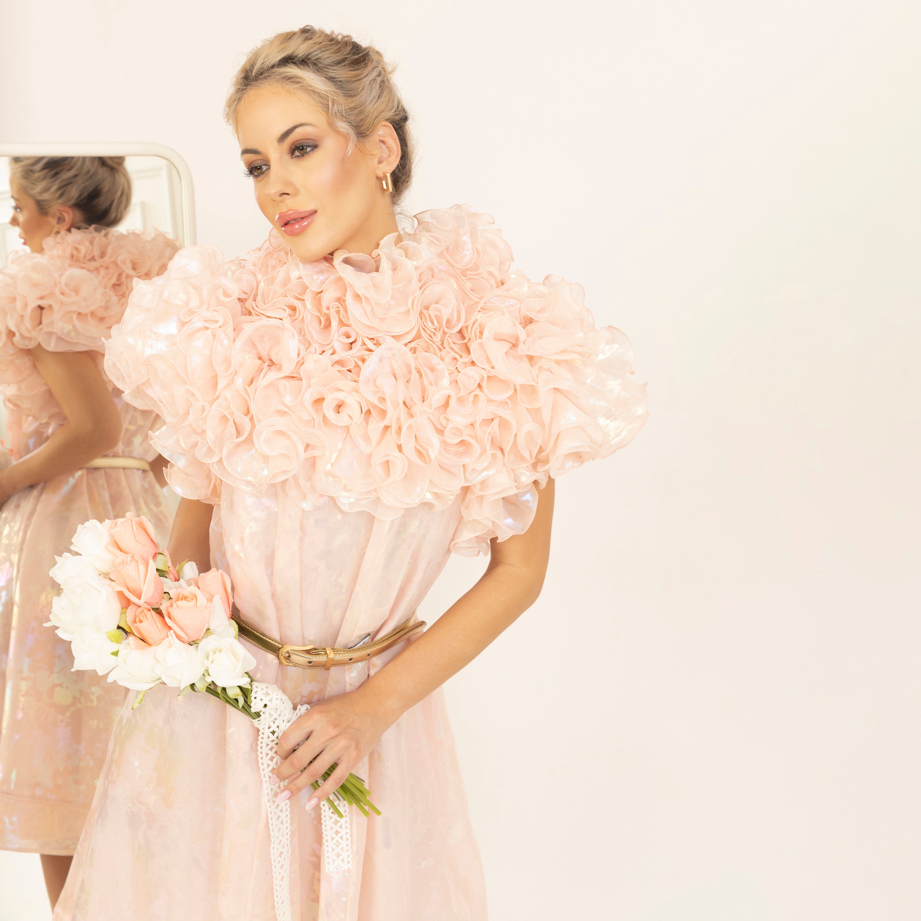 Light Pink Holographic Print Organza Frill Dress, neck design, women dress, color, dress, flower, partywear dress, one piece dress