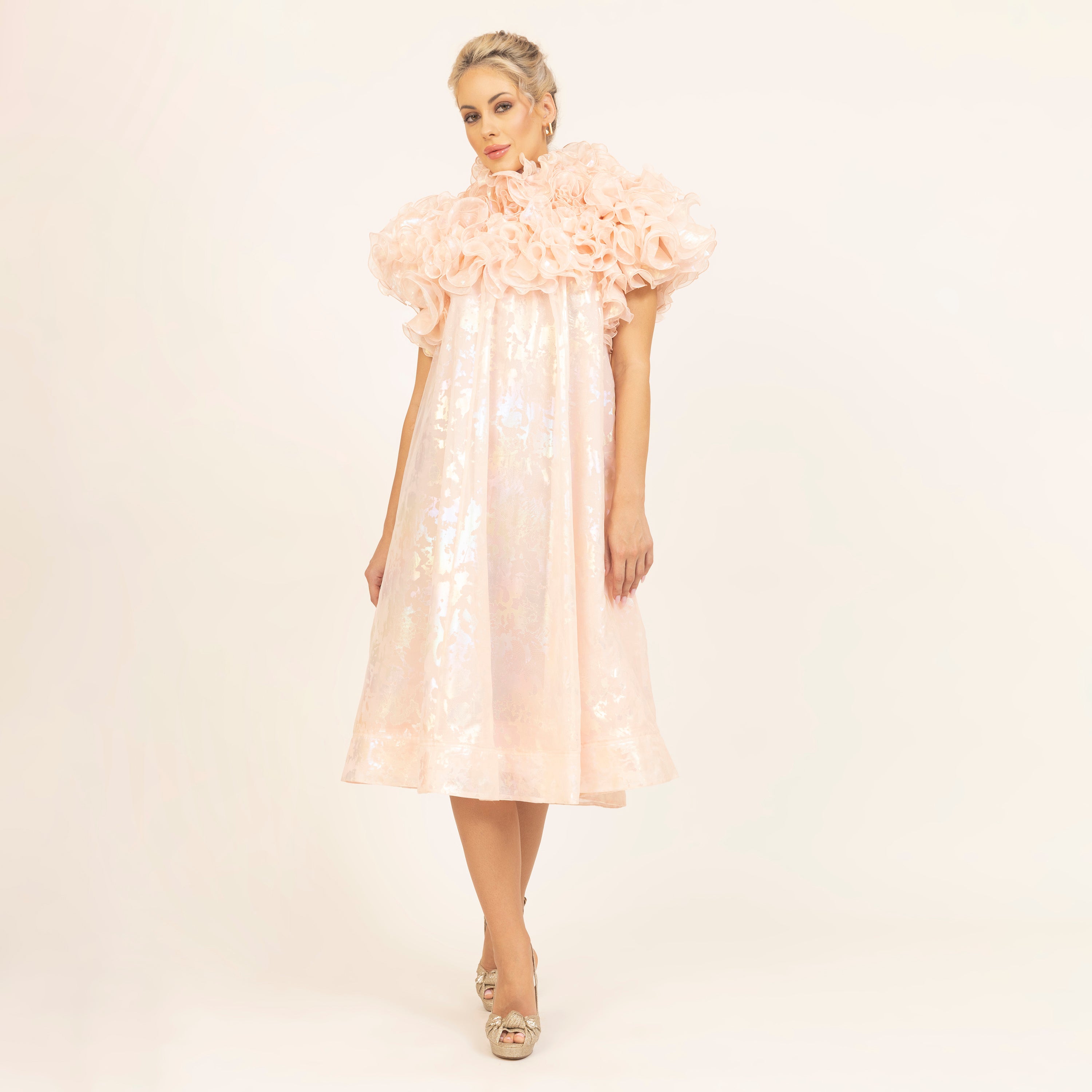 Light Pink Holographic Print Organza Frill Dress, neck design, women dress, color, dress, flower, partywear dress, one piece dress