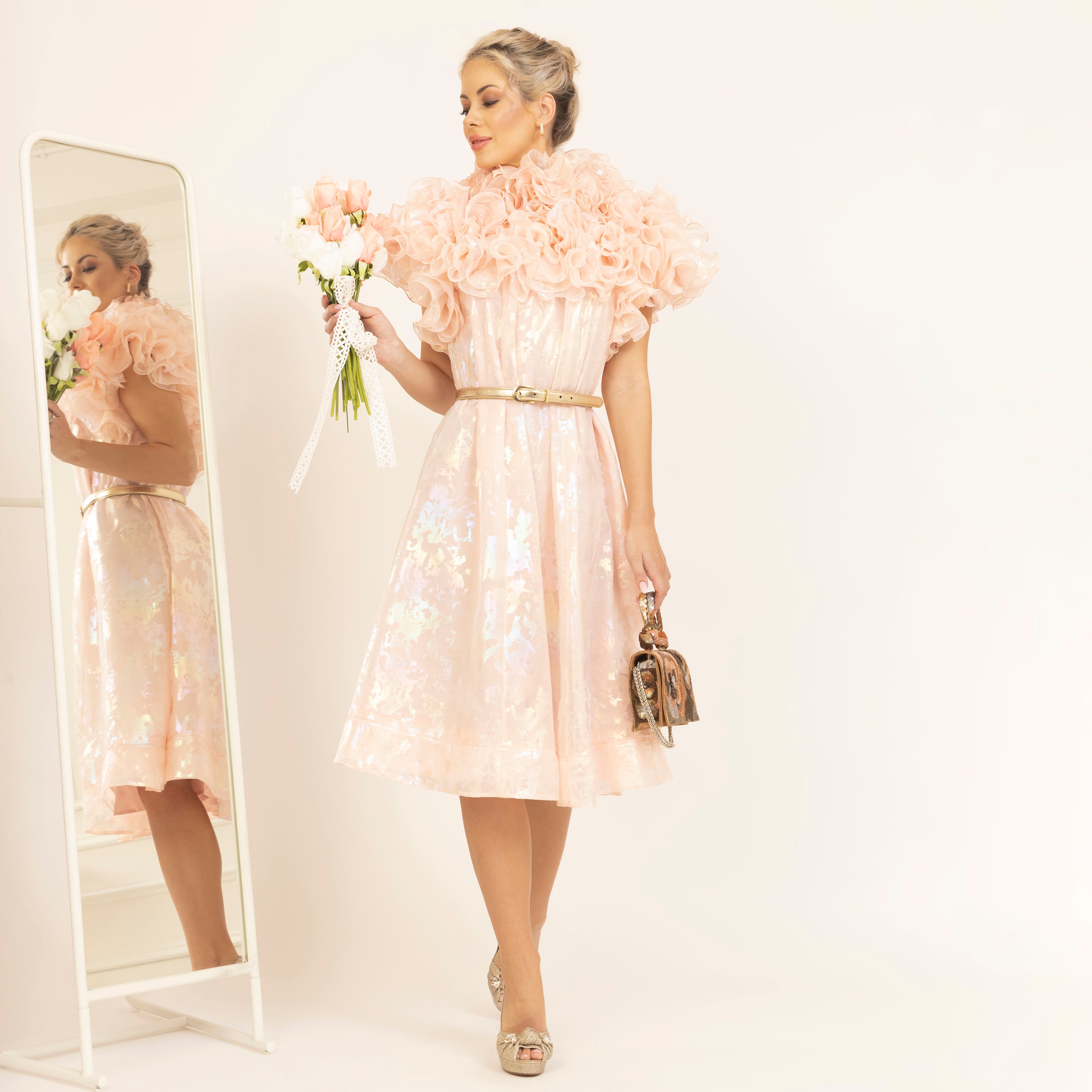 Light Pink Holographic Print Organza Frill Dress