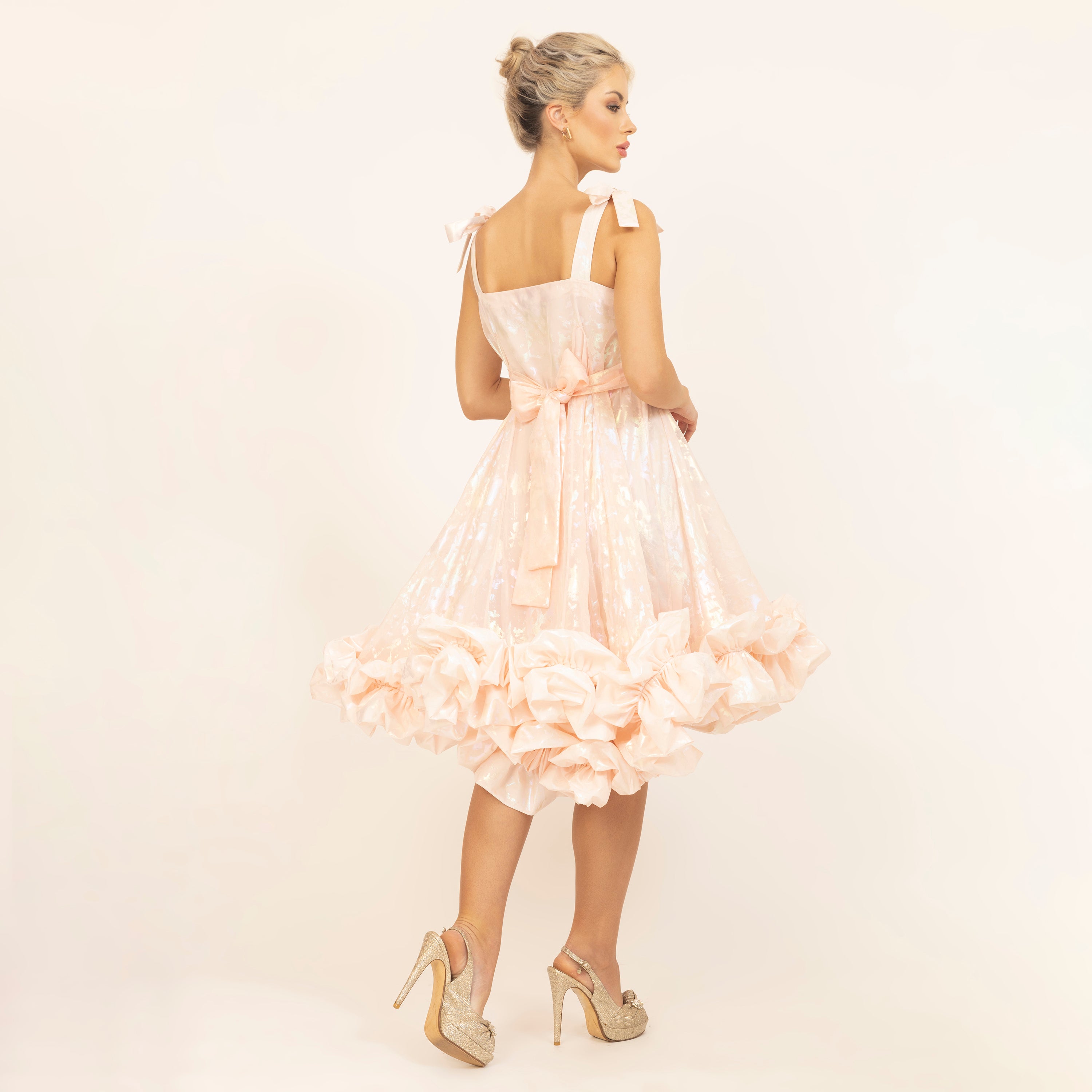 Light Pink Organza Holographic Without Sleeves Ruffle Dress, dresses for women, partywear dress for women, dress, design, color
