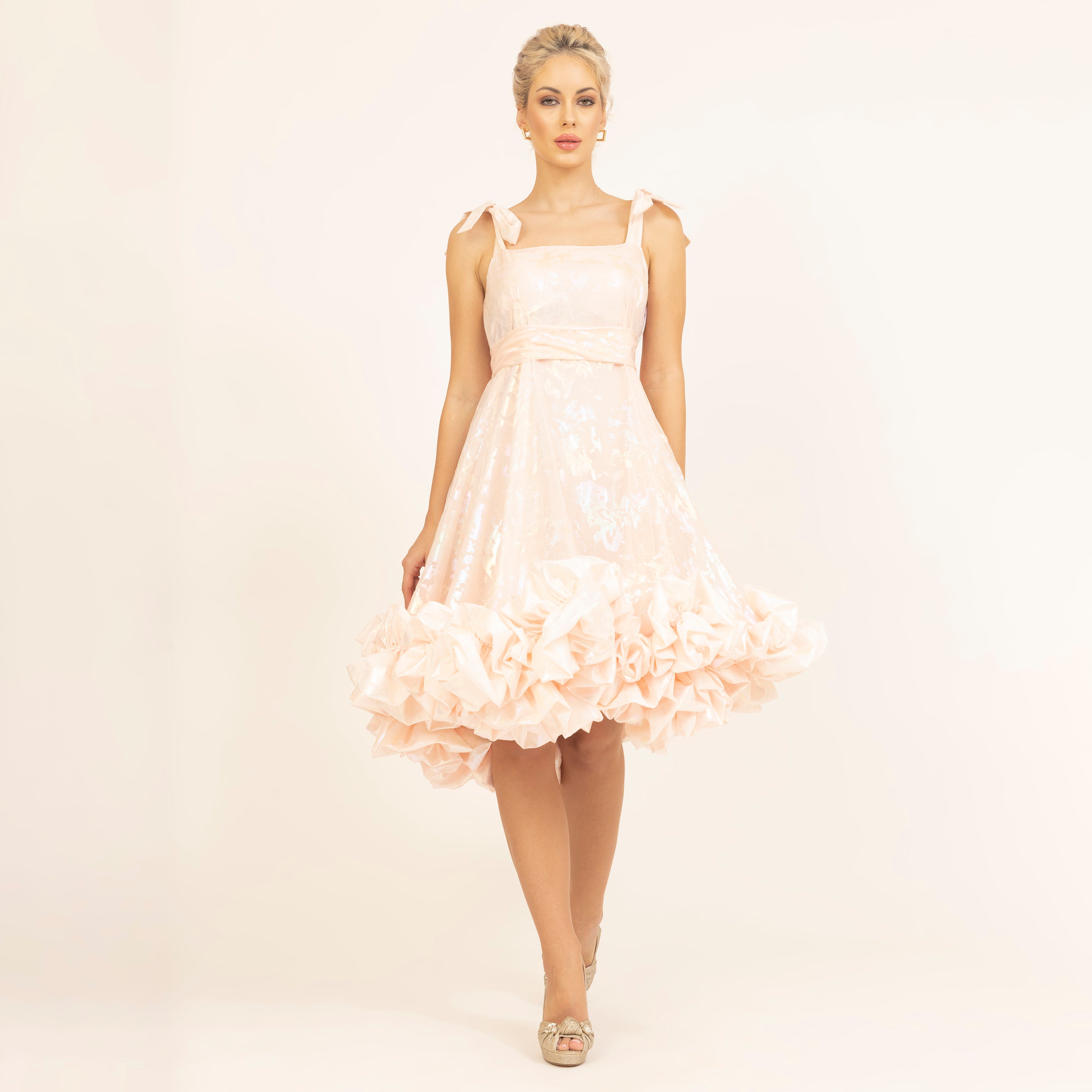 Light Pink Organza Holographic Without Sleeves Ruffle Dress, dresses for women, partywear dress for women, dress, design, color