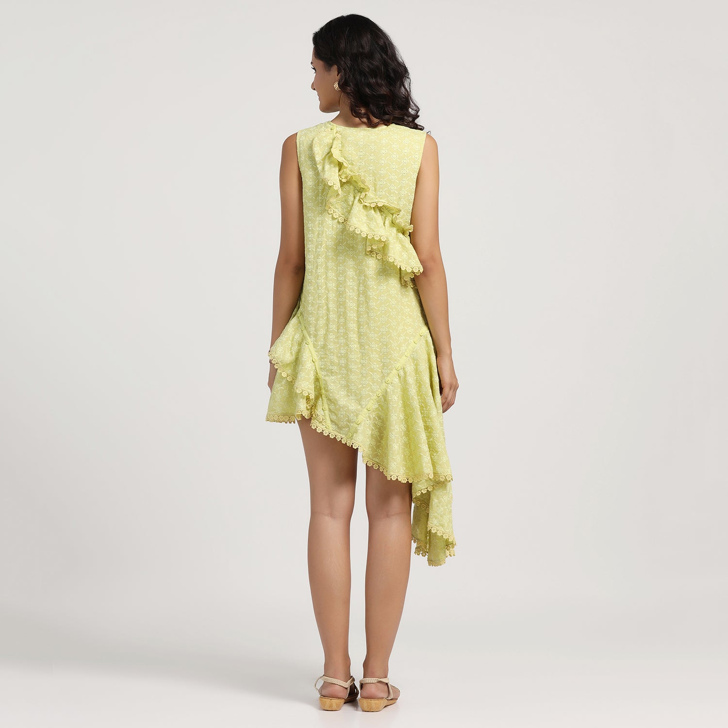 Lime Green Ruffle Asymmetrical Schiffle Dress, Mesh Dress , Party dress , Holographic print dress , sequins dress