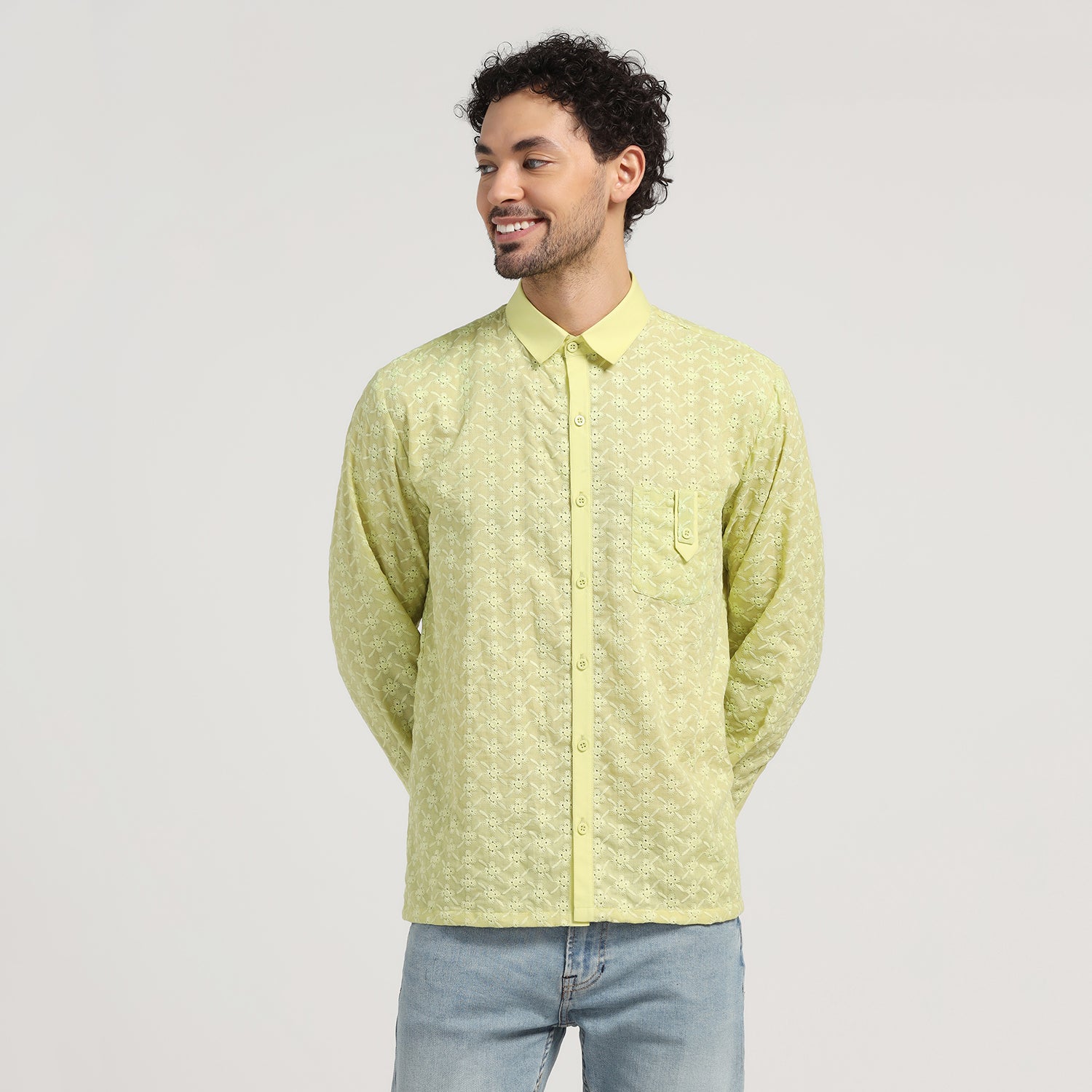 Lime Green Schiffle Shirt for Men