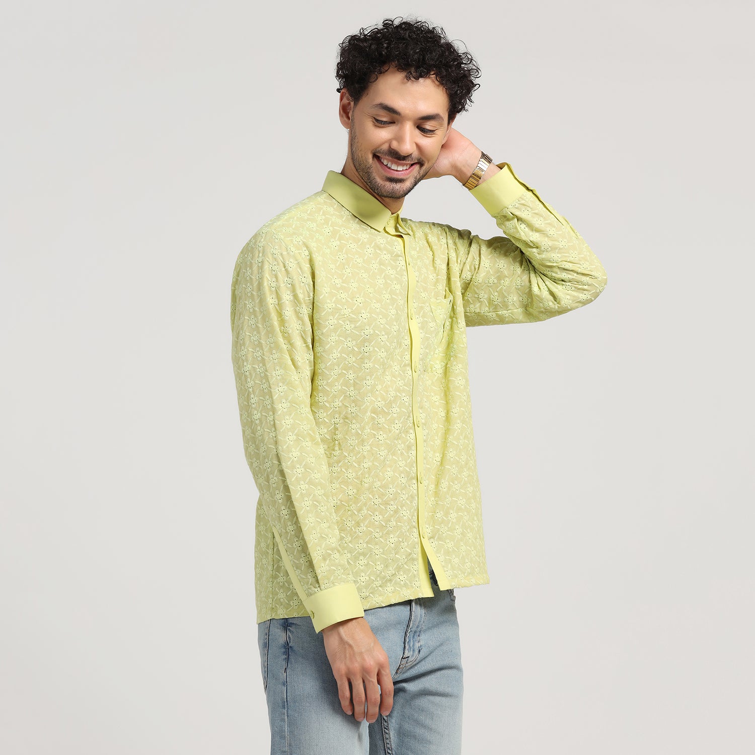 Lime Green Schiffle Shirt, shirts for men, men shirts, color, designs, party wear shirts trendy shirts for men