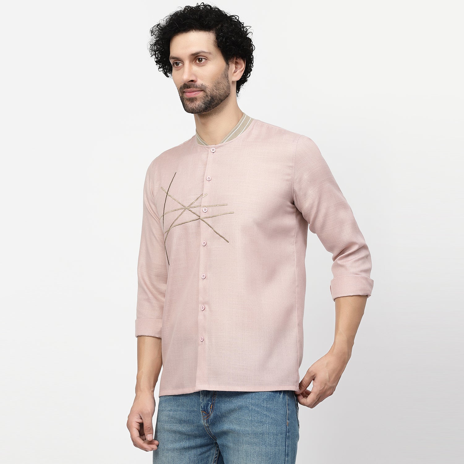 Linen Shirt for Men with Ribbed Collar-1